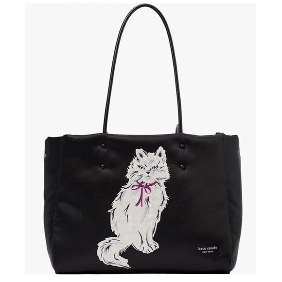 kate spade new york Handbags - Kate Spade Whiskers White Cat Embellished Black Everything Tote Shoulder Bag NWT